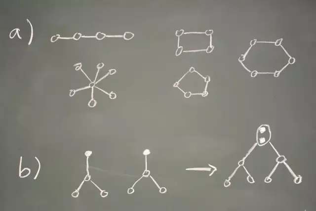 Die Grafik a) zeigt links übereinander die beiden eindimensionalen Graphen-Zustände Kette und Stern, rechts die zweidimensionalen Graph-Zustände Rechteck und zwei Varianten des Rings; Kreise/Knoten: Qubits, Linien: Verschränkungen. Die Grafik b) zeigt, wie beide Atome (ausgefüllte Kreise, oben) mit jeweils verschränkten Photonen (leere Kreise) per Fusion-Gate zu einem Baum verschränkt werden (Ring um die Atome).