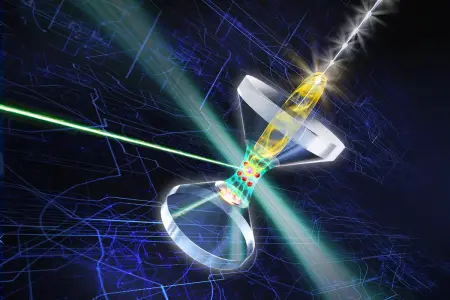 Visuell dargestellt: Rubidium-Atome sind im optischen Resonator gefangen und werden mithilfe eines stark fokussierten Laserstrahls einzeln adressiert. 