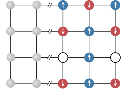 Graphic showing how Rydberg atoms or polar molecules are trapped in an optical tweezer array.